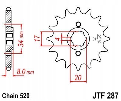 JT Zębatka przednia stal JT 520 z.14 JTF287,14 JT Zębatka przednia stal JT 520 z.14 JTF287,14