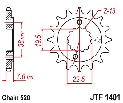 JT Zębatka przednia stal łańcuch 520 ilość zębów 13 KAWASAKI KFX; SUZUKI JT Zębatka przednia stal łańcuch 520 ilość zębów 13 KAWASAKI KFX; SUZUKI